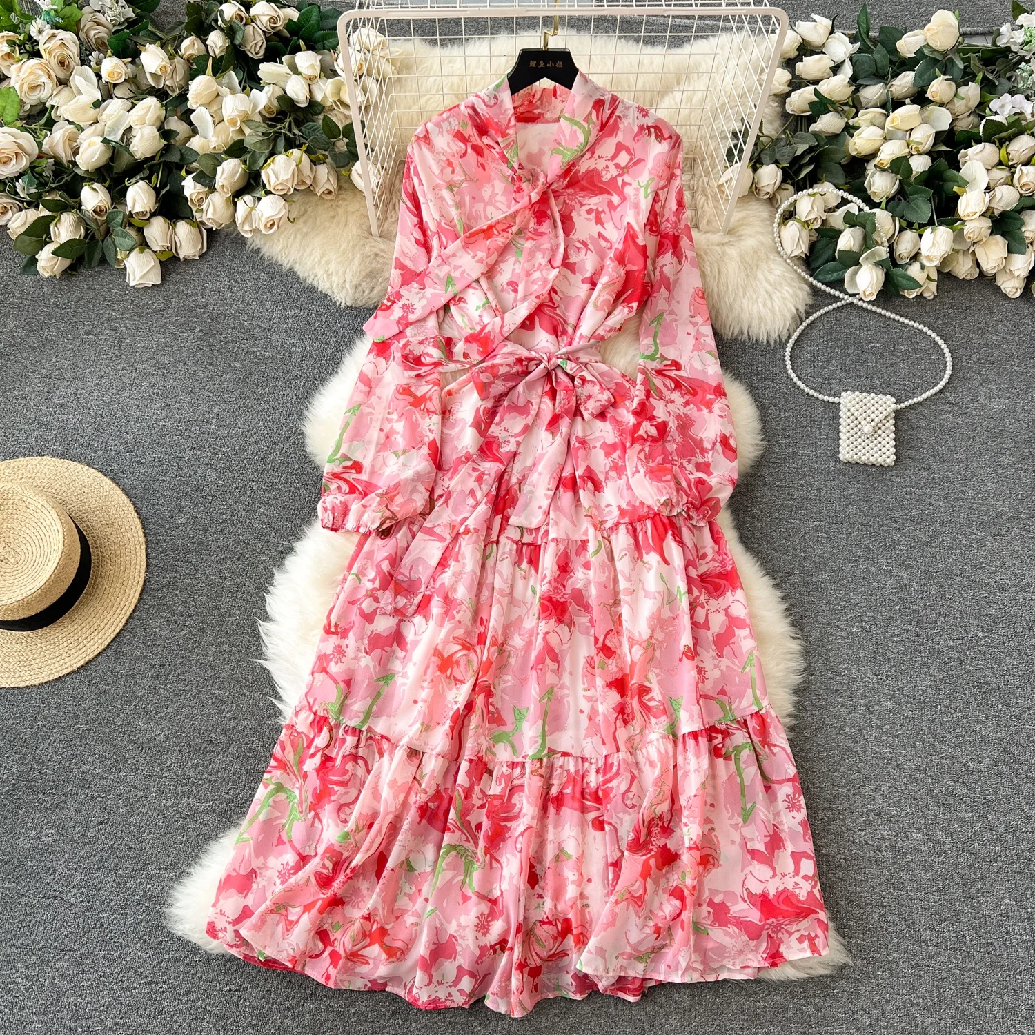 

Fragmented Flower Dress Women's French Sweet and Gentle Style Bow Tie Waist Wrap Slim Vacation Long Dress