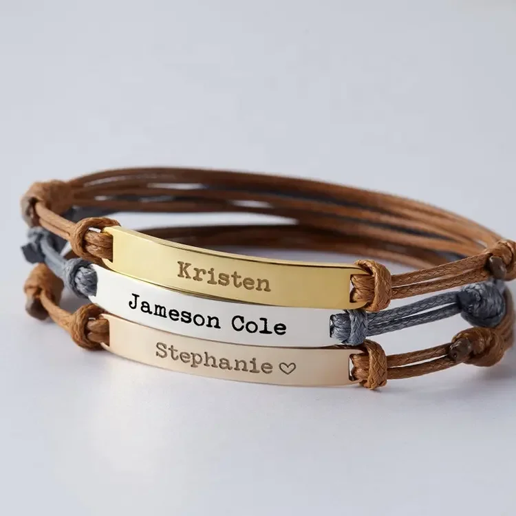 Duoying Engraving Personalized ID logo Bracelet Stainless Steel Adjustable Cord Custom Stamping Blanks Bar Bracelets