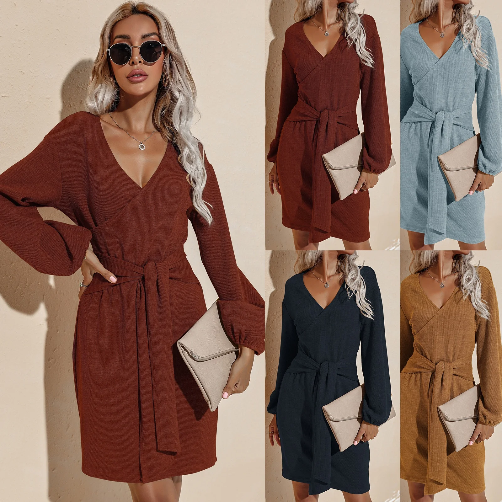 

2021 Amazon hot sale Drop Shipping New Autumn And Winter Bodycon Long Sleeve Knit V Neck Solid Color Casual Womens Dresses, Picture