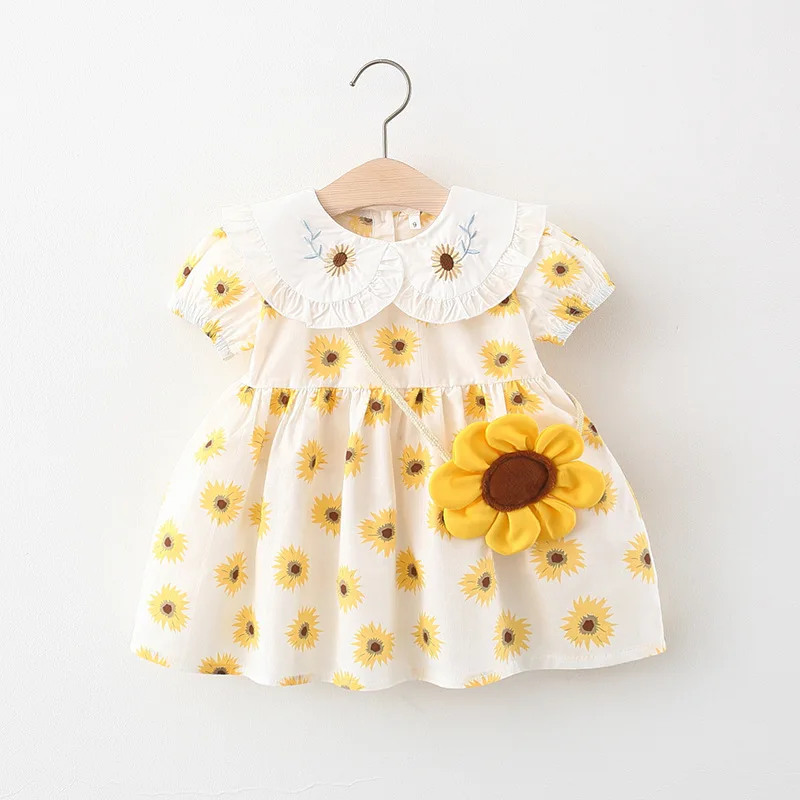 

Summer Chrysanthemum Peter Pan Collar Cotton Skirt Kids Girl Small Floral Bag Dress