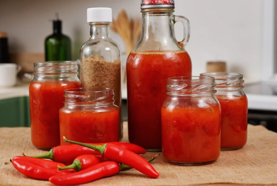 Homemade red pepper sauce preparation with fresh red peppers, vinegar, and spices in glass jars on wooden kitchen counter