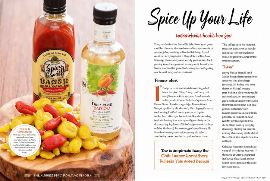 Various hot chili pepper sauces on a wooden table
