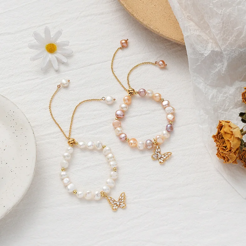 

14 K Gold Plated Zircon Butterfly Bracelet Fresh Water Pearl Bracelet Women Elegant Pearl Handmade Jewelry Bracelet Ladies Gift, As a picture