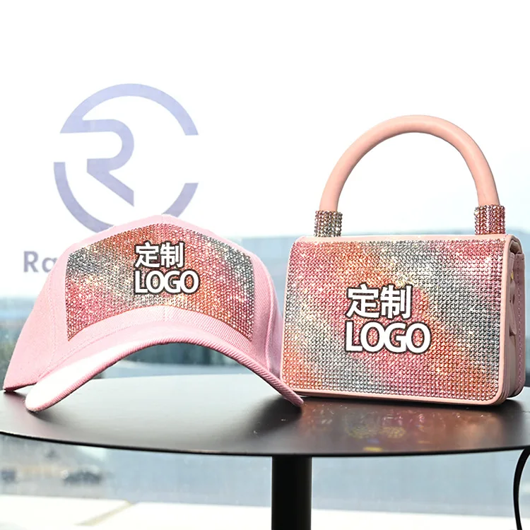 

2021 new style full rhinestone headband fashion canvas hat handbag shoulder handbag for woman custom logo purses and handbags
