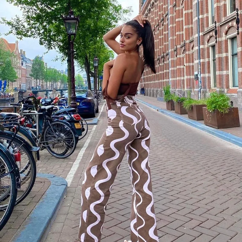 

High Waist Women's Print Long Pants Casual Brown High Waist Slim Straight Distressed Cotton Trousers for Lady, As picture