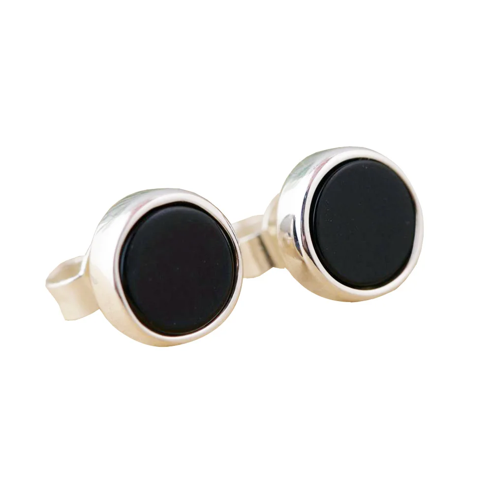 

Real 925 Sterling Silver Earrings For Women Simple Elegant Design Smooth Plane Natural Black Onyx Stone 0.7cm Round Shaped