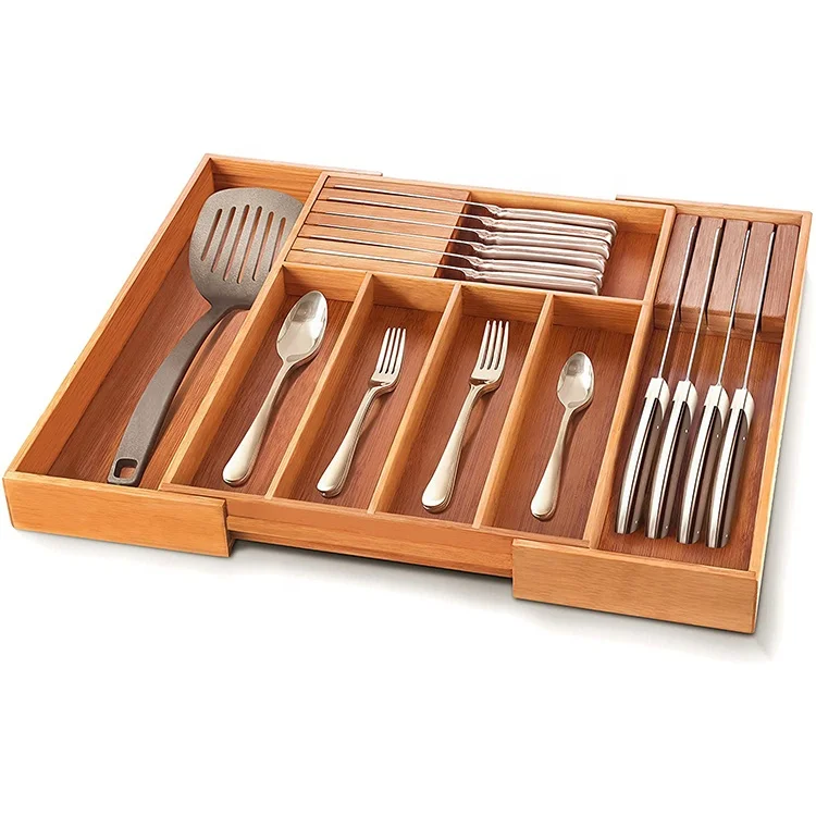
kitchen expandable silverware organizer utensil holder and cutlery bamboo tray with grooved drawer dividers 