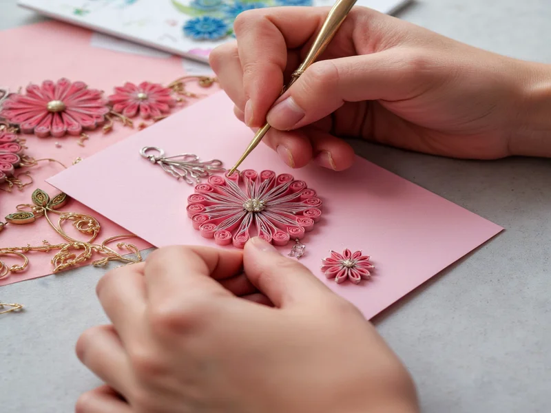 Close-up of hands creating intricate paper quilling design