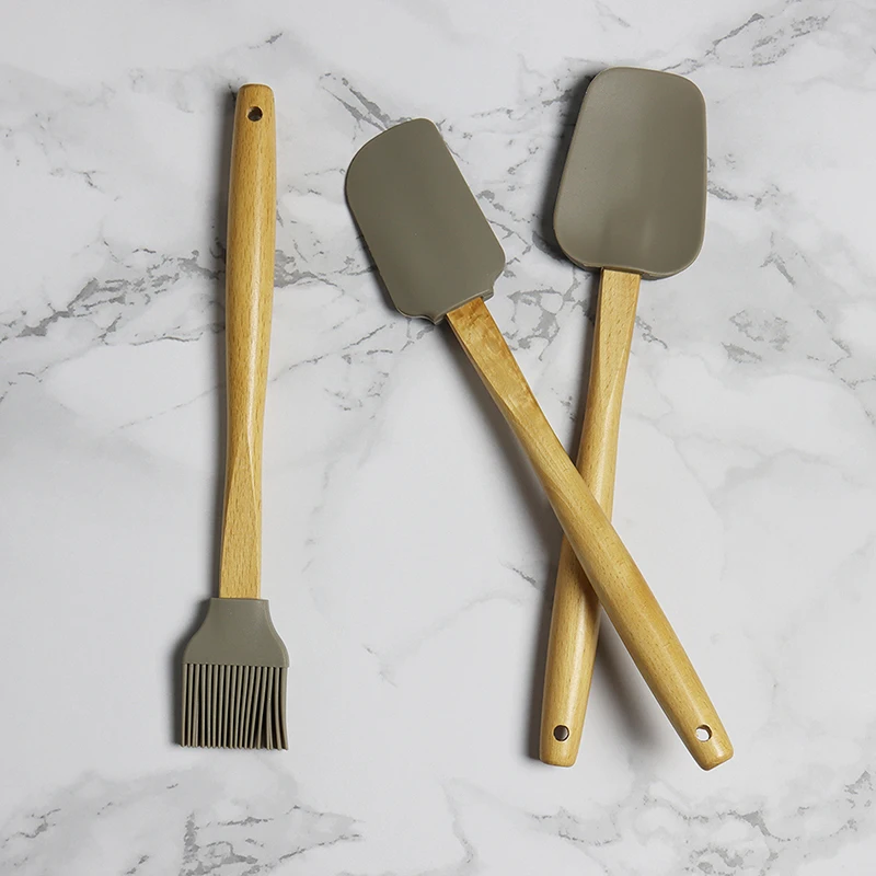 

Hot Sale Household Kitchen Utensil Set Wooden Handle Kitchen Utensil Silicone Oil Brush/ Kitchen Turner/ Cooking Spatula, Black+white+brown