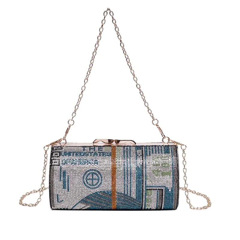 

Roll Diamond Money Bag Sparkly Clutch 100 Dollar Sign Crystal Handbag Ladies Bling Evening Rhinestone Money Purse For Women, Accept customized color