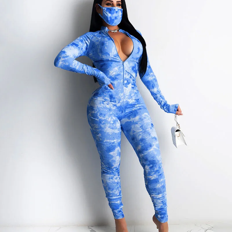 

WW-0158 Tall Waist Tight Buttock Tie-dye Telescoped Jumpsuits Tie Dye Long Sleeve Jumpsuit Women Suit Set, Customized color