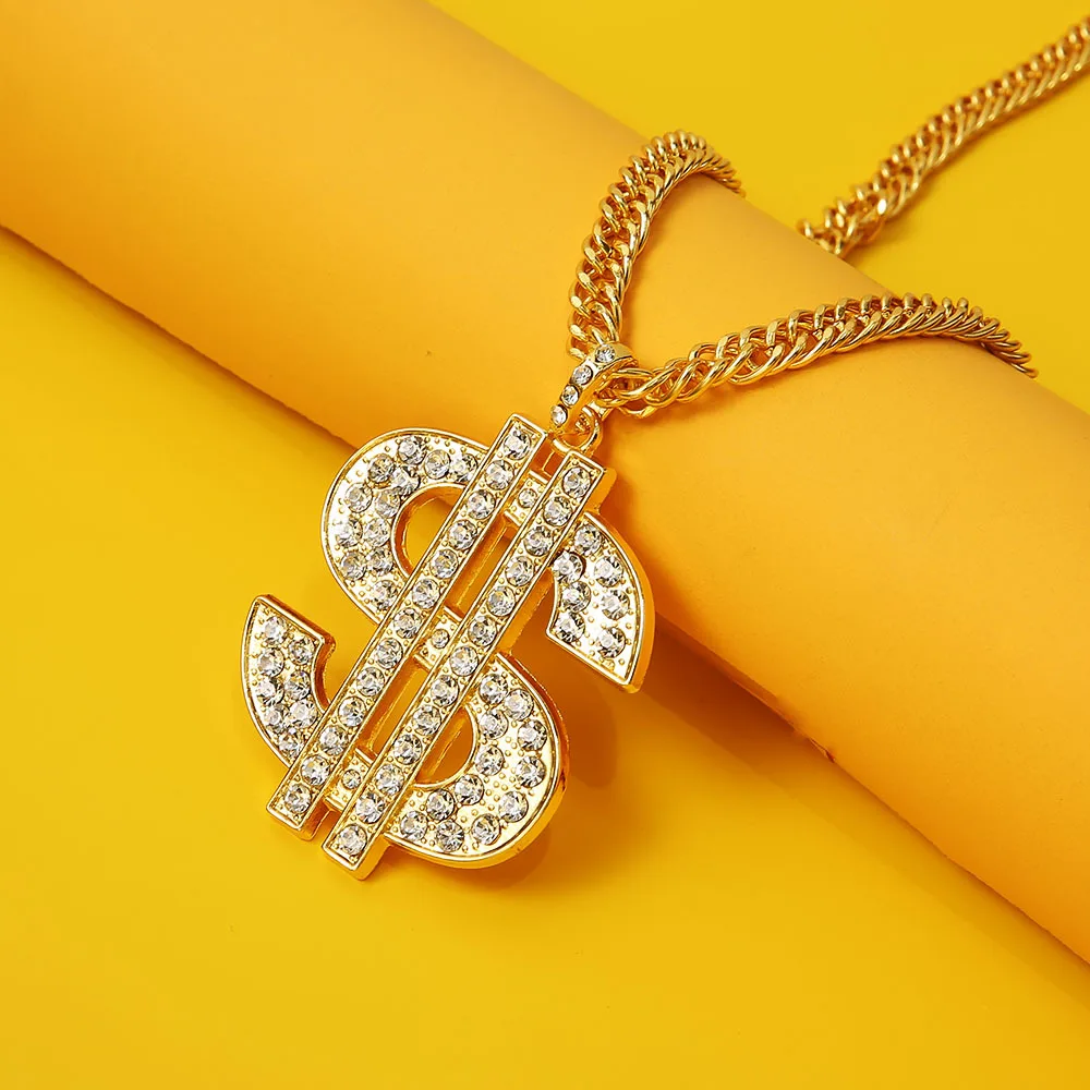 

Wholesale Hot sale hip hop Diamond-studded dollar pendant Necklace Clubbing 18K gold plated necklace for men boys
