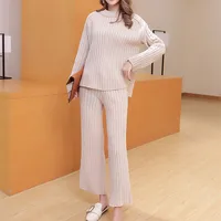 

2019 Most popular O-neck ribbed twinsets women 2 pieces sweater sets