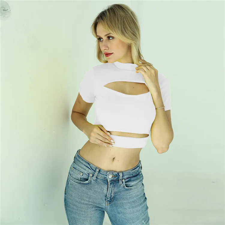 

2023 Summer Sexy Hollow Out Short Sleeve Crop Top Women Slim Fit Top