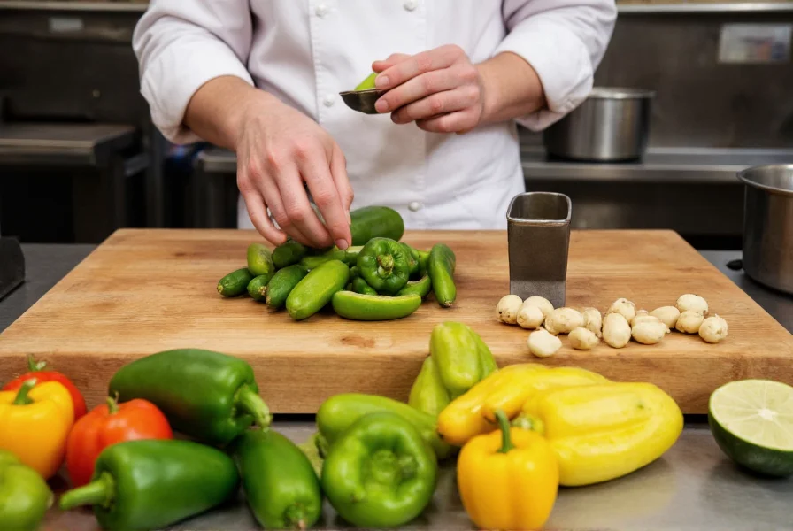 Chef preparing vegetable substitutes for green pepper in kitchen with various peppers and zucchini