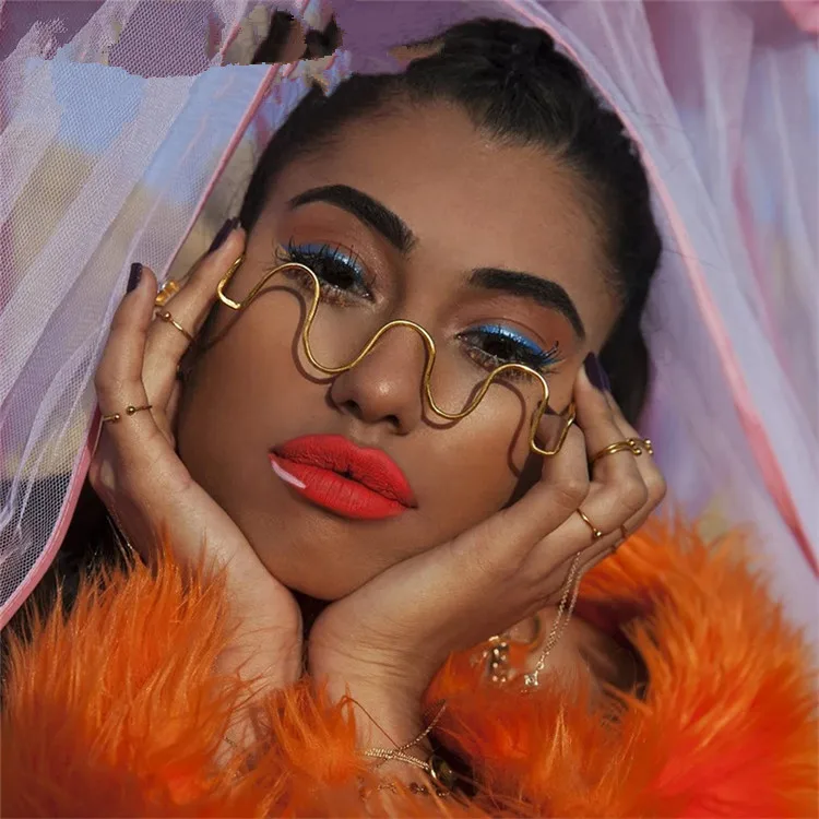 

The new fashion hand set diamond half frame female fashion metal wave no piece decorative sunglasses, Mix color or custom colors