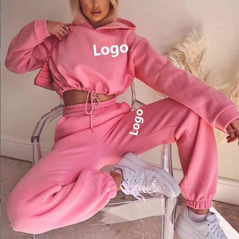 

Custom Logo 2 Piece Set Women Outfit Hoodies Sweatpants Set Ladies Joggers Crop Top Tracksuit Sweatsuit Fashion Track Suit Plain