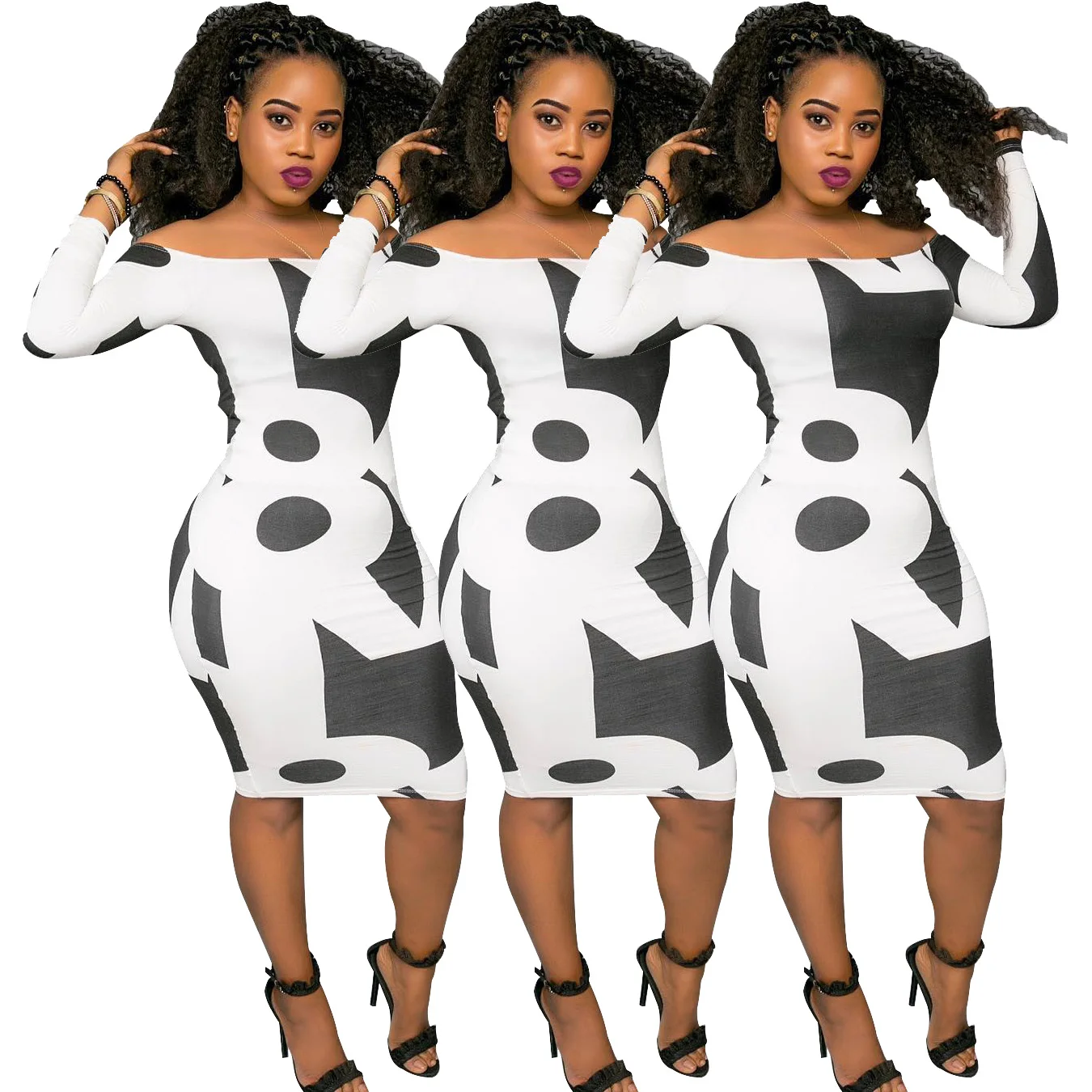 

Consignment Wholesale SD9037 European and American women's long sleeve off shoulder geometric print dress, As picture or customized make