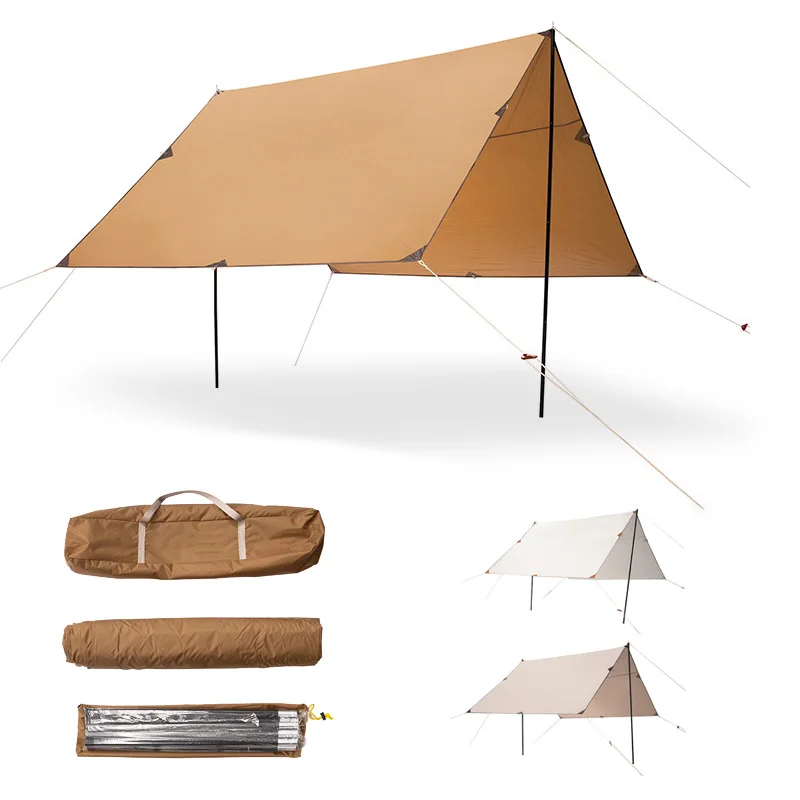 

Outdoor travel hiking rain fly tent shelter steel pole 150D oxford waterproof coffee fabric anti-tear lightweight camping tarp, Customized color