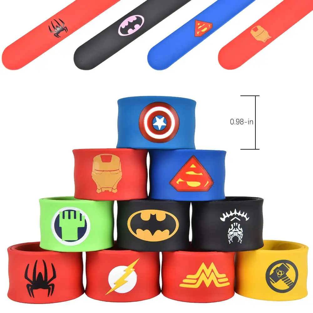 

Superhero Slap Bracelet Ruler material,Custom Silicone rubber wrap Snap Wristband for Kids Party Wholesale, Pantone color