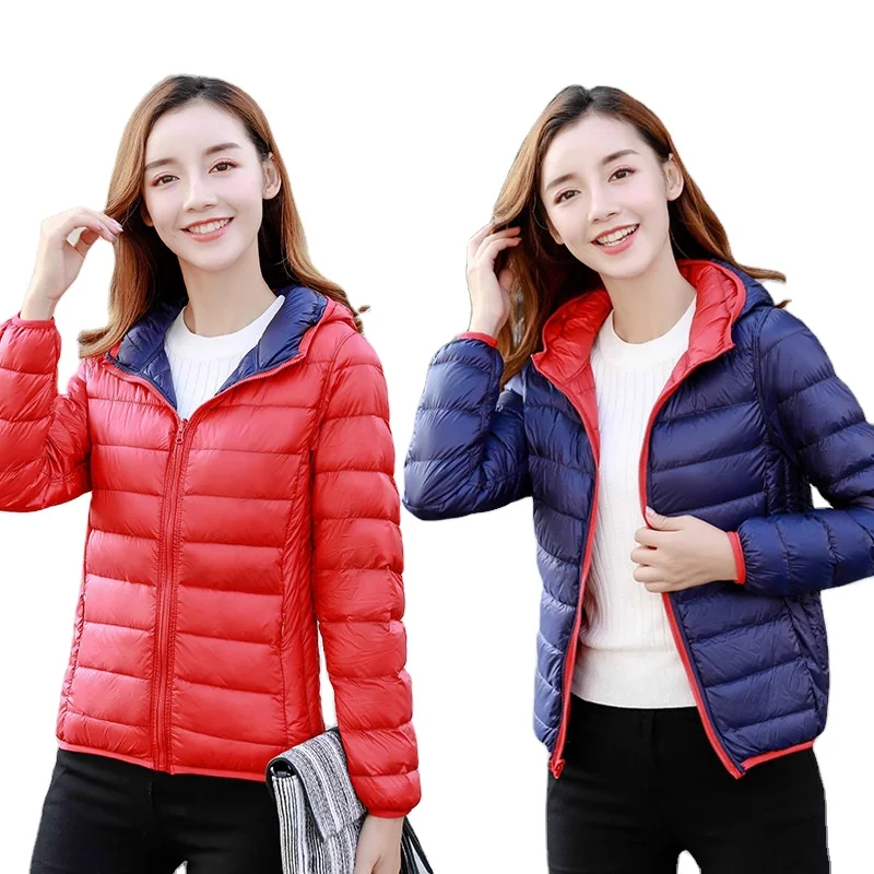 

2021 winter new double-sided down jacket women's light and thin short hooded jacket large size two-sided thin winter coat