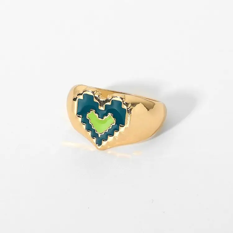 

Hot selling vintage Chunky Gold Plated Ring Summer Heart Finger Jewelry Mosaic Double Heart Ring