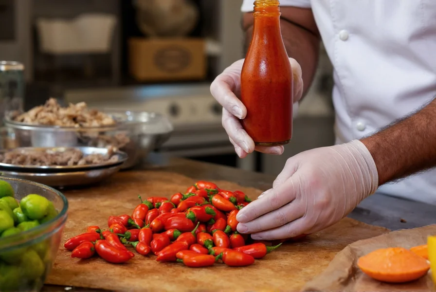 Chef carefully handling Scotch Bonnet peppers with gloves while preparing Caribbean-style hot sauce in glass bottle