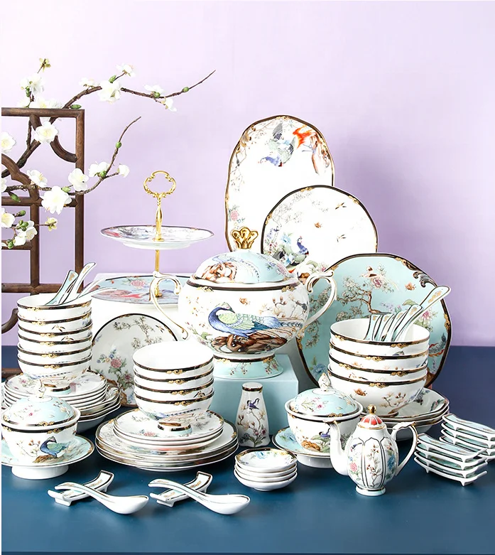 

Promotional 68 Pcs Chinese Classical Lucky Bird Bone China Dinnerware Sets, Blue