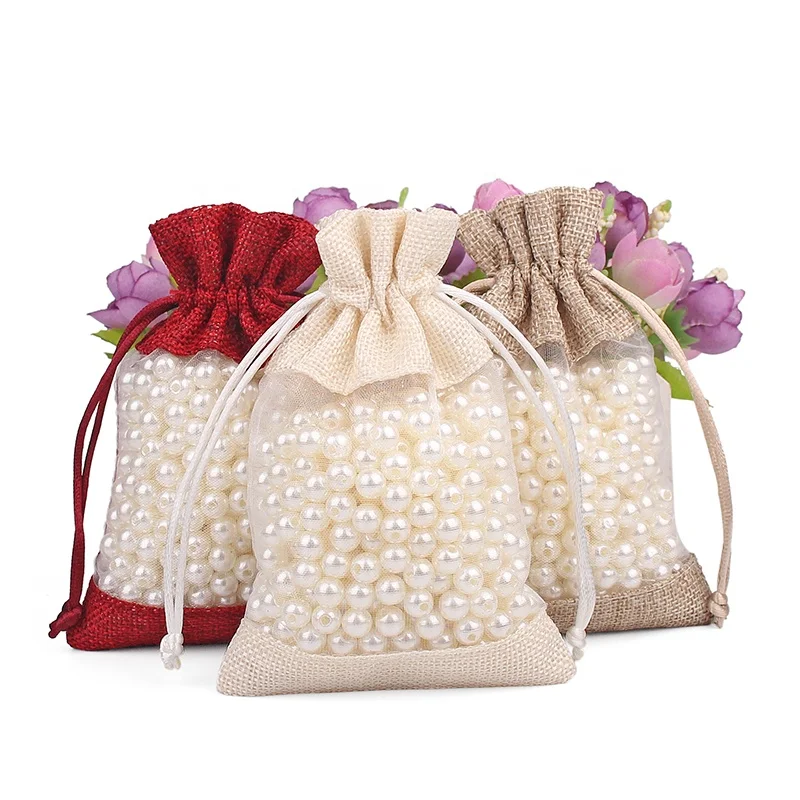 

Linna 17*23CM Custom Fabric Drawstring Jewelry Bags Window Burlap Drawstring Bags Window Organza Gift Bag with Drawstring