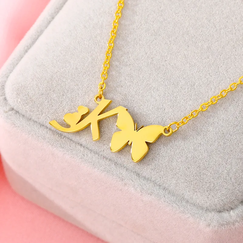 

Custom Factory Hot Selling Cutting Necklace Stainless Steel 18k Gold Plated 26 Initial Letter Butterfly Necklace for women