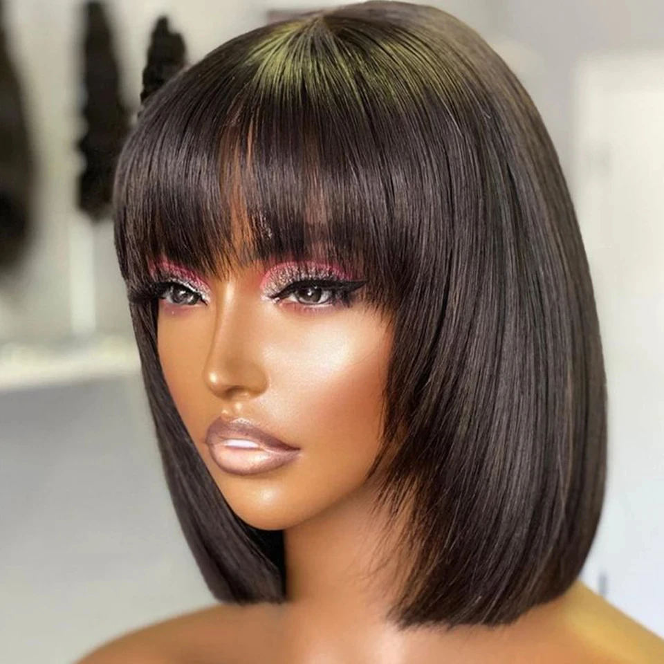 Wholesale Short Bob Wigs No Lace Raw Cambodian Hair Machine Made Straight Human Hair Wig for Black Women Cheap Bob Wig With Bang