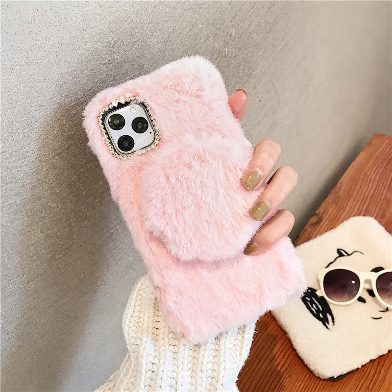 

High Quality Cute Fluffy Fur Mirror Phone Case Girls Shockproof Bumper Kickstand Cover For Iphone 11 Pro Max