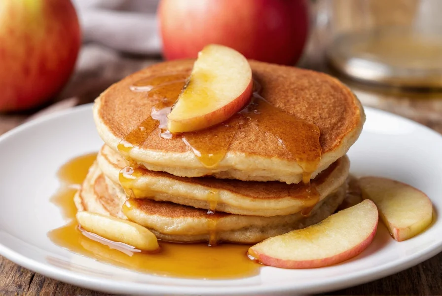 Perfectly golden cinnamon and apple pancakes on a plate with maple syrup drizzle and fresh apple slices