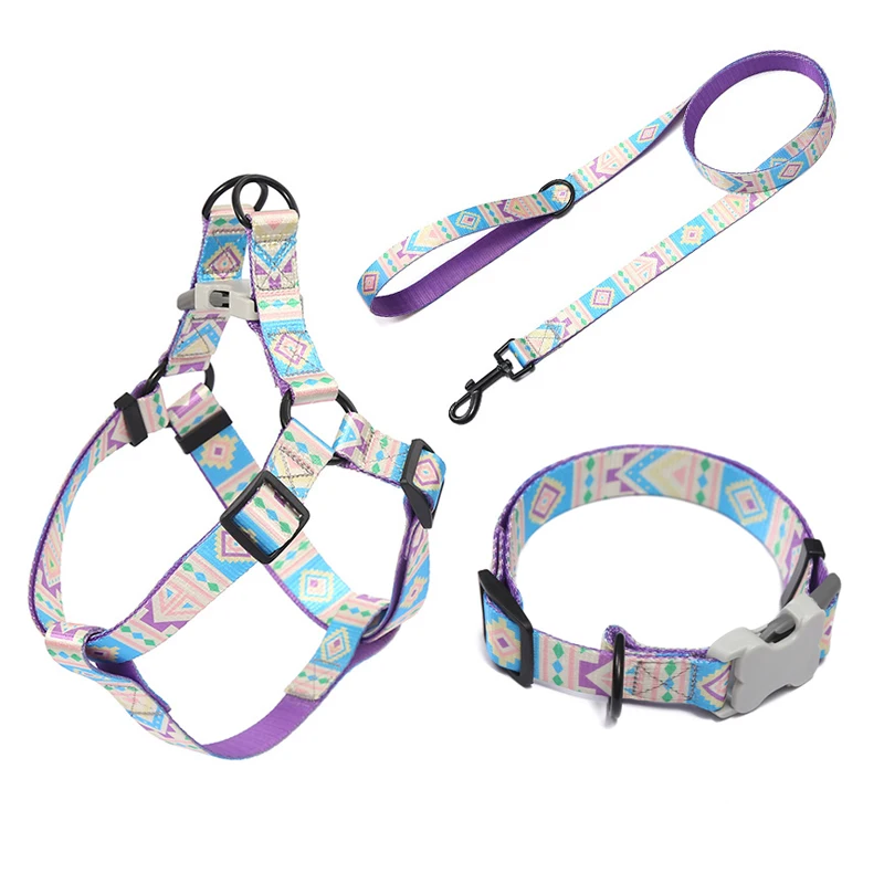 

MIDEPET Wholesale Custom Design Dog Harness Collar Leash Step-In Front Clip Soft Adjustable Luxury Polyester Dog Harness Set, Bohemia purple,flower,camouflage,customized