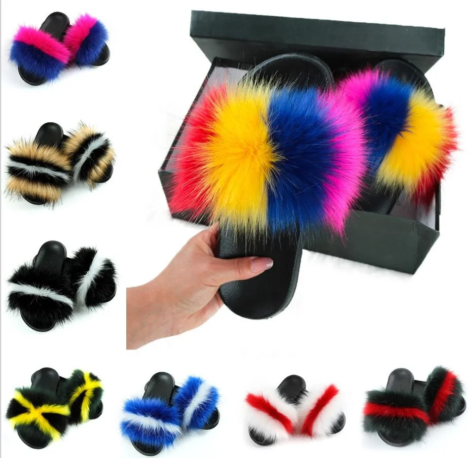 

2021 custom logo home winter slide fashion house designer fur slippers fake fluffy faux fox fur slides for women, As per customer's request