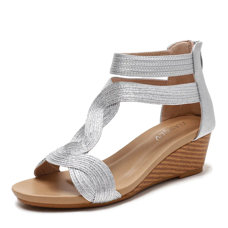 

S0294B 2021 high quality comfortable thick-soled cross-border Roman shoes Wedge women's heel sandals