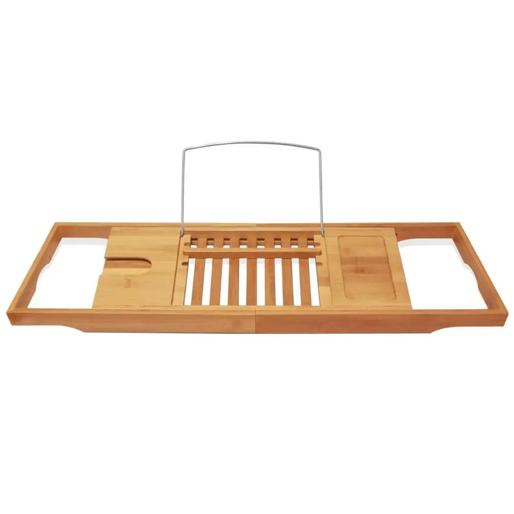 

bamboo bathtub caddy multi-function telescopic shelf shelf bath artifact tray, Natural