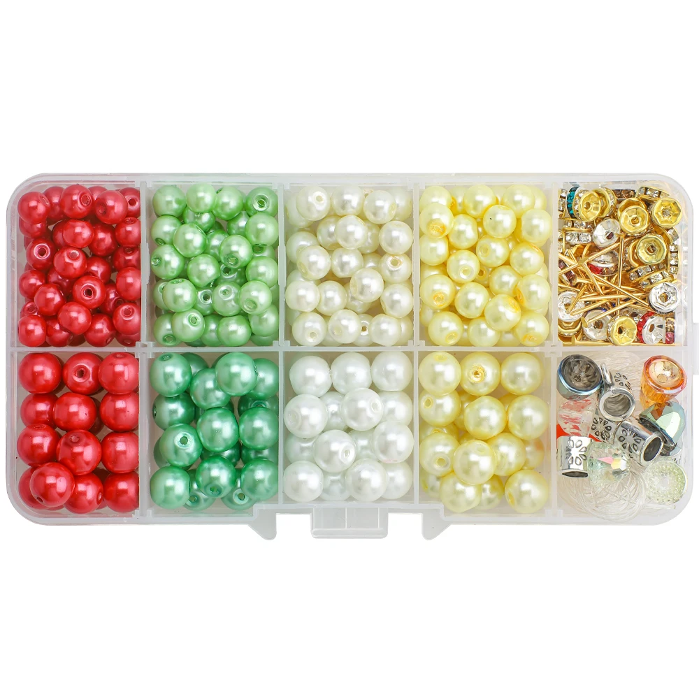 

Christmas Xmas Ornament Accessory Set Gold Alloy Pendant Hooks Red/Green/White Crystal Glass Beads For Bracelets Home Decoration