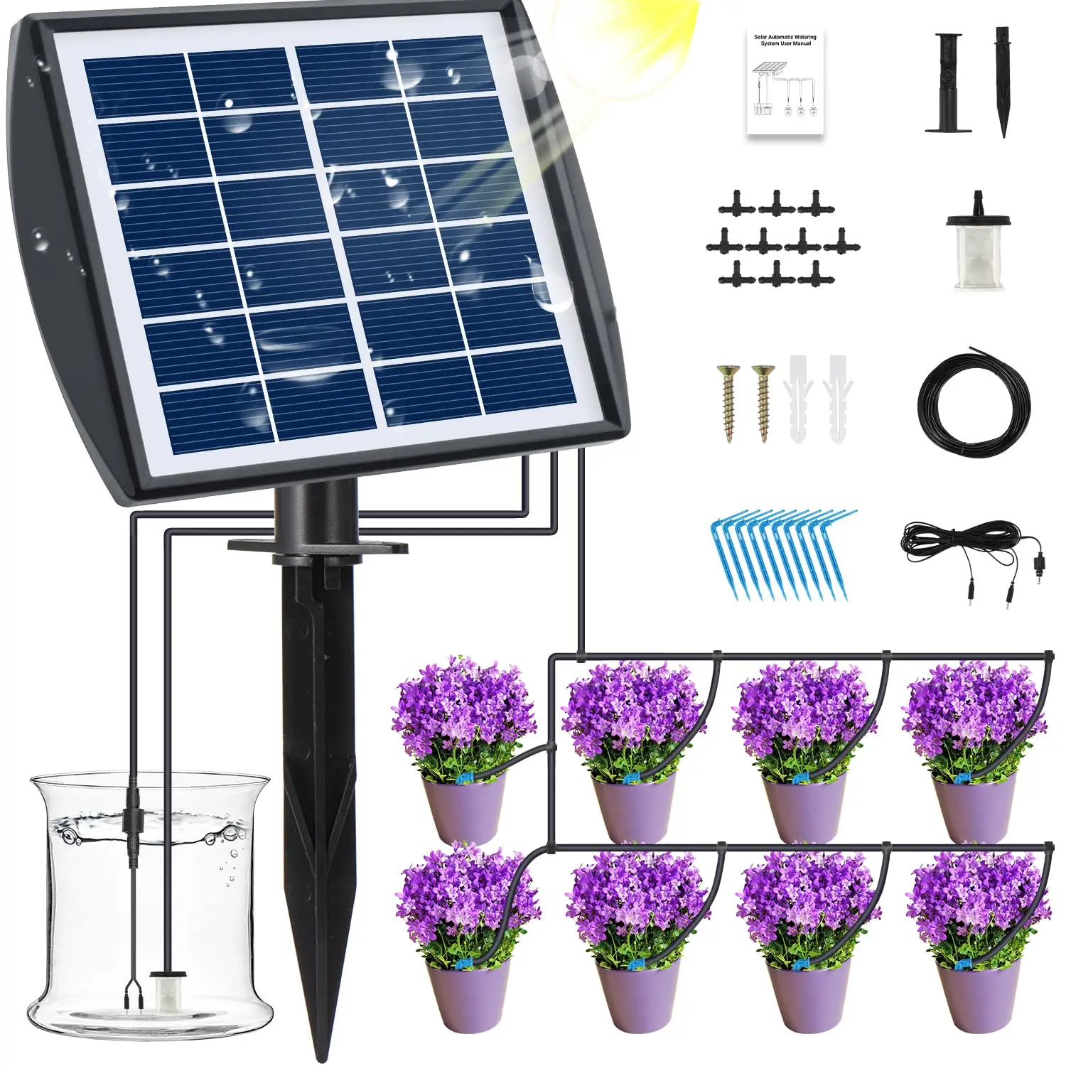 

Solar Irrigation Auto Watering System Solar Powered Automatic Drip Irrigation Kit for Plants in the Plant Bed and Green House.