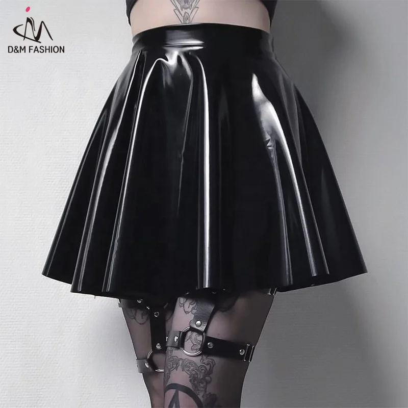 

D&M Women Shiny Latex Leather Pleated Skirts Mini Bodycon Folds Pencil Skirts Sexy Short PU Skirts