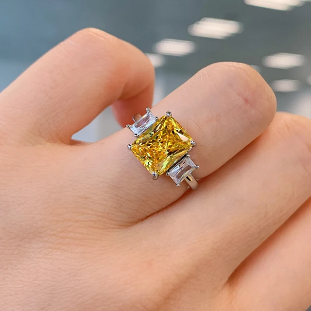 

New yellow cubic zirconia radian cut octangle 18K white gold engagement ring women