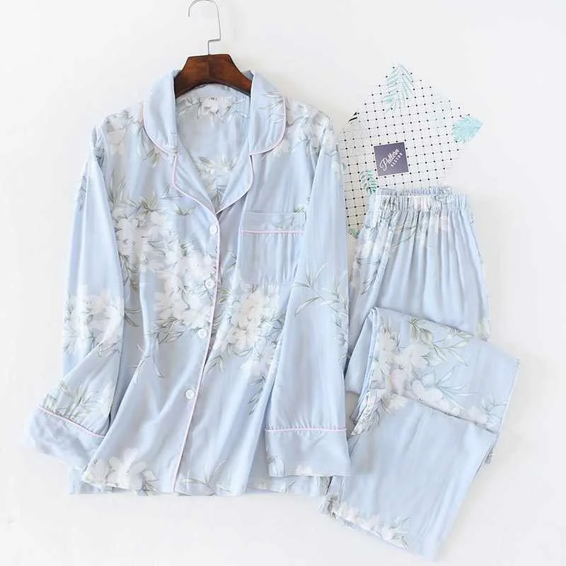 

Japanese style new spring and summer women's sleepwear cotton silk long-sleeved trousers suit flower printing home service suit, Required