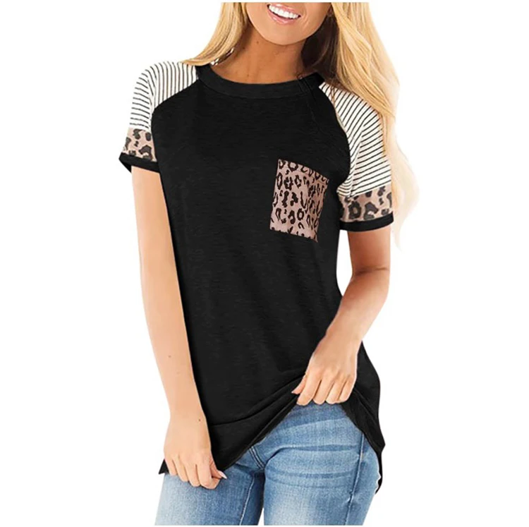 

Ladies Leopard Striped Round Neck Short Sleeve Contrast Pocket Top T-Shirt
