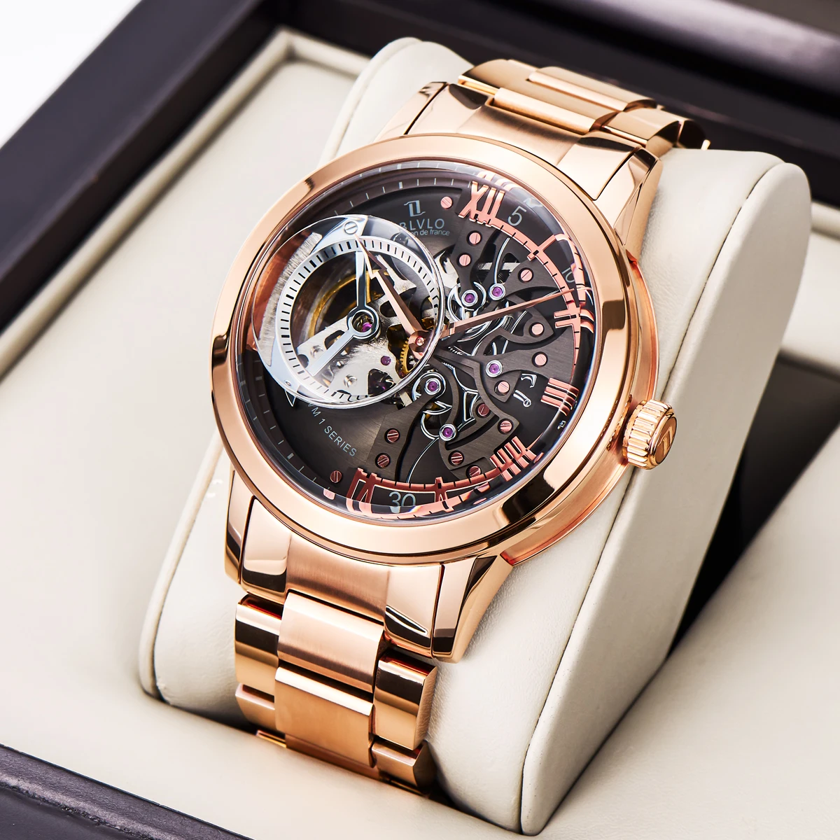 

OBLVLO New Design Skeleton Watches Rose Gold Automatic Watches With Sapphire Crystal Relogio Masculino VM