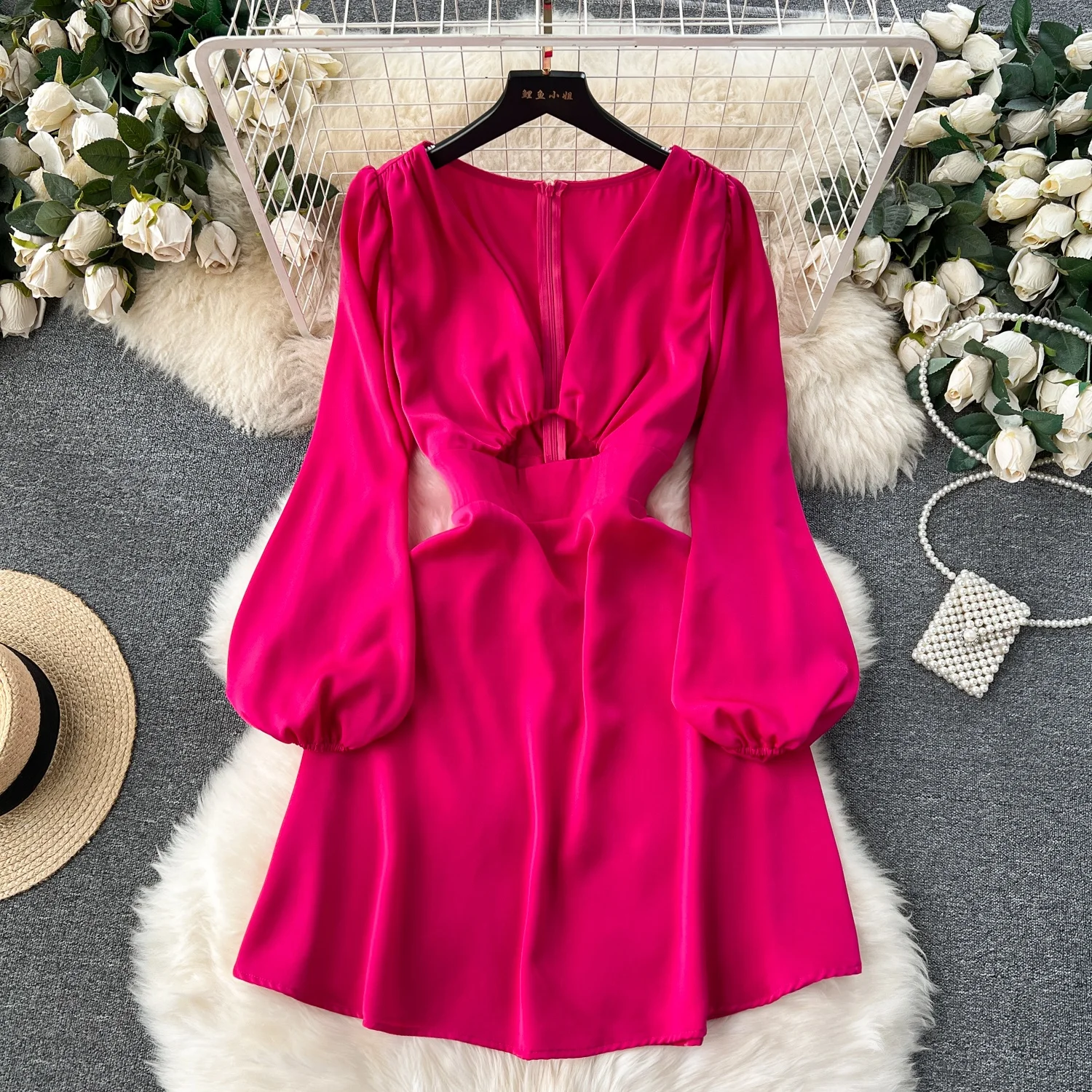 

Autumn Temperament High-waist Solid Color Skirt V-neck Long Sleeve A-line Skirt Wedding Elegant Dresses