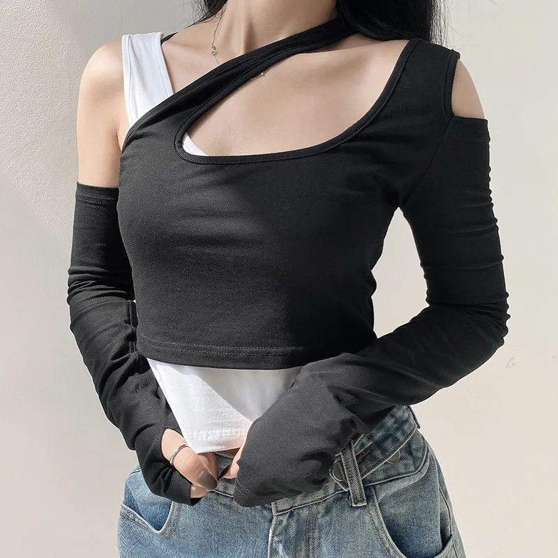 

2020 New Arrivals autumn fashion asymmetrical design contrast color casual women long sleeve tops