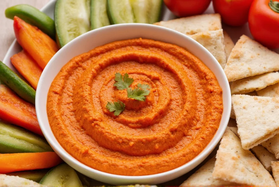 Close-up of vibrant red pepper hummus in a white bowl surrounded by fresh vegetables and pita bread for dipping