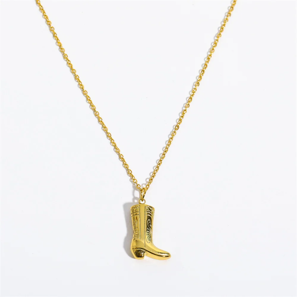 

Wholesale Fashion Stainless Steel Cowboy Boot Pendant Souvenirs Custom 18k Gold Plated Punk Necklace Charm Jewelry Gift