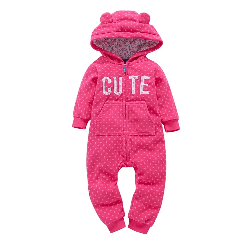 

Wholesale Bright Pink Color Letter Printed Newborn Full Sleeve Winter Windproof Warm Baby Girl Fleece Hooded Rompers