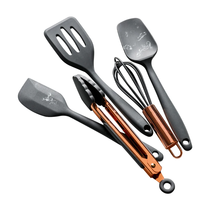 

OLERD Silicone Utensils 5 pcs Cooking Kitchenware Spatula Set kitchen accessories tools, Pink, black, green